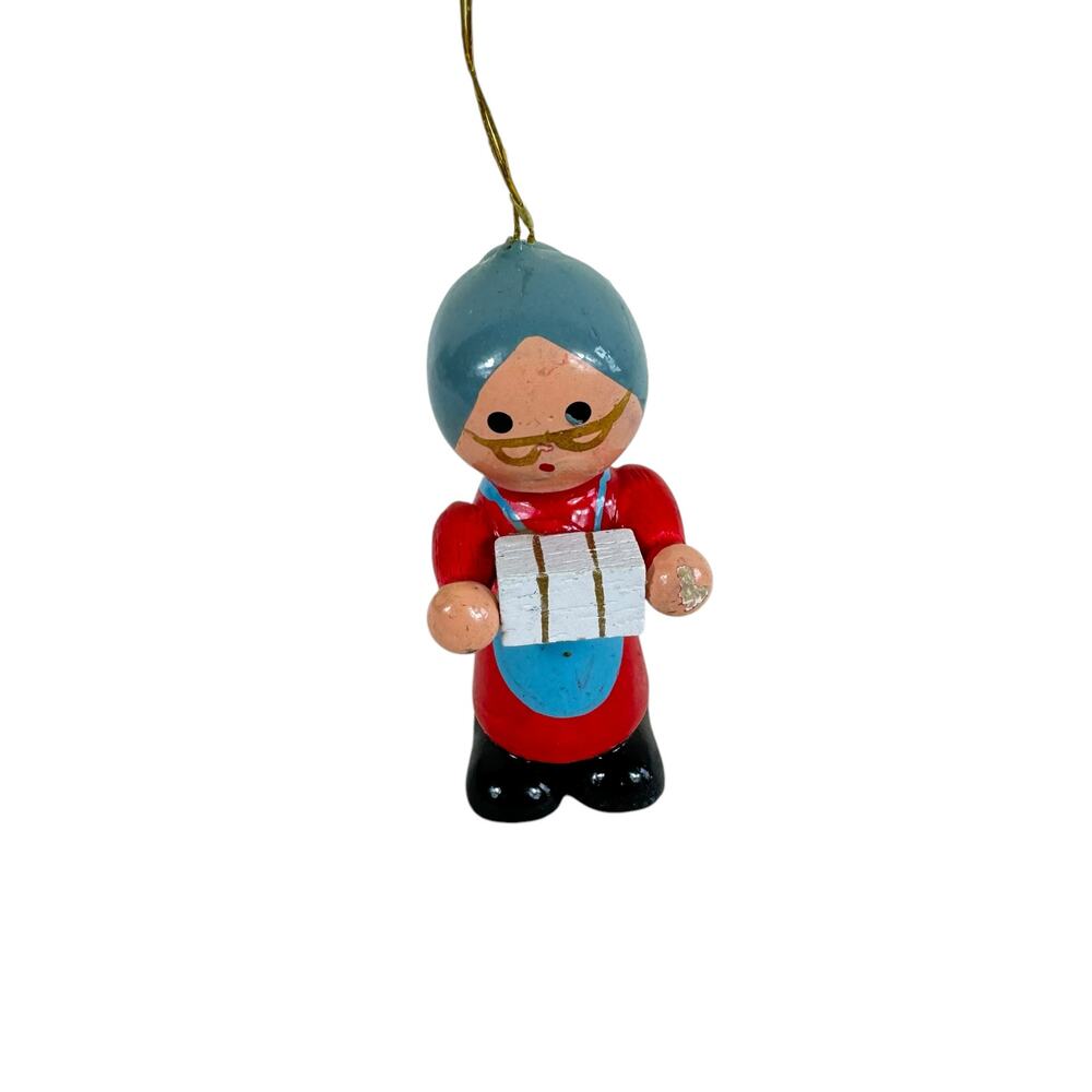 Vintage Miniature Hand Painted Grandmother Carrying Box Wood Christmas Ornament